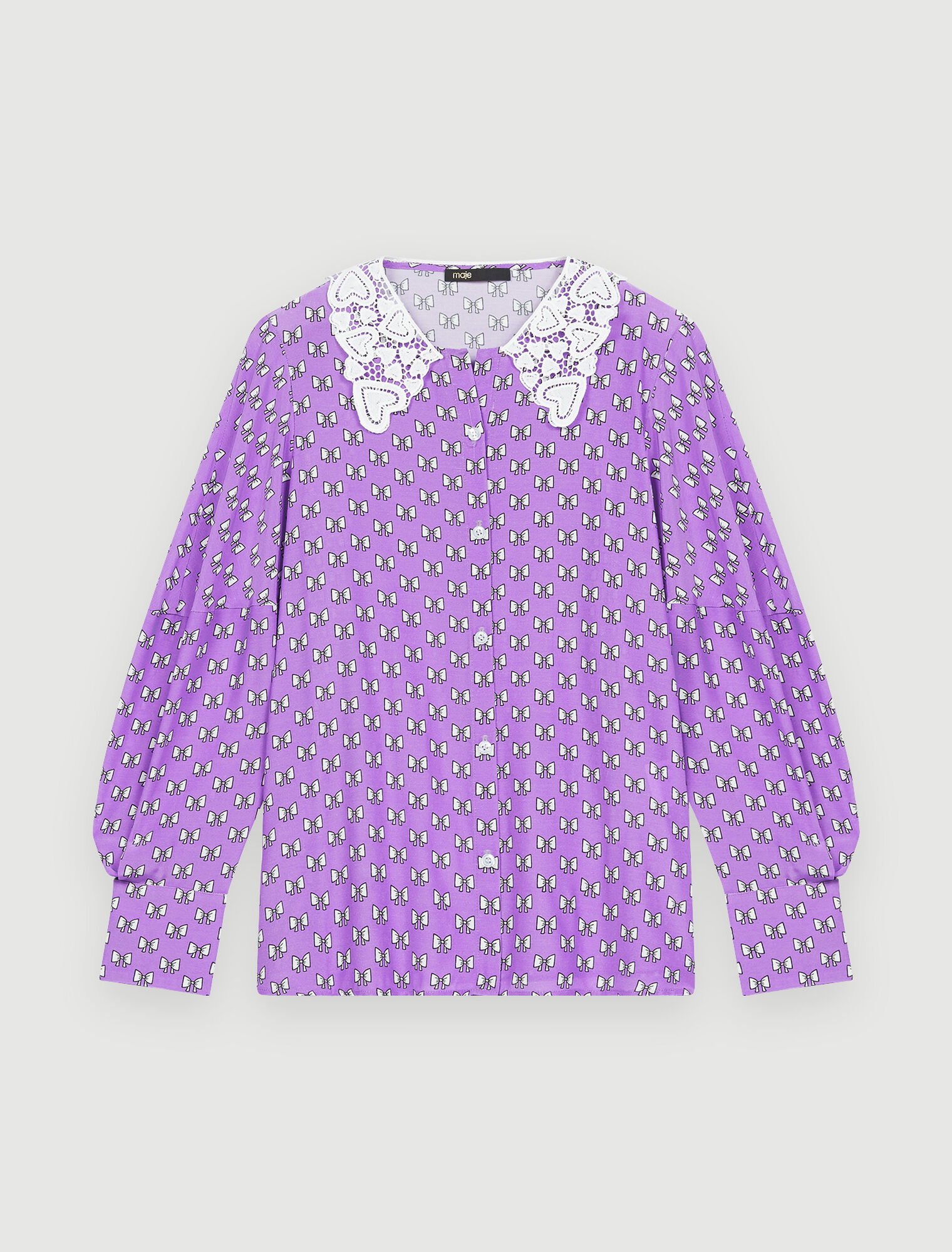 Bow print shirt with guipure collar