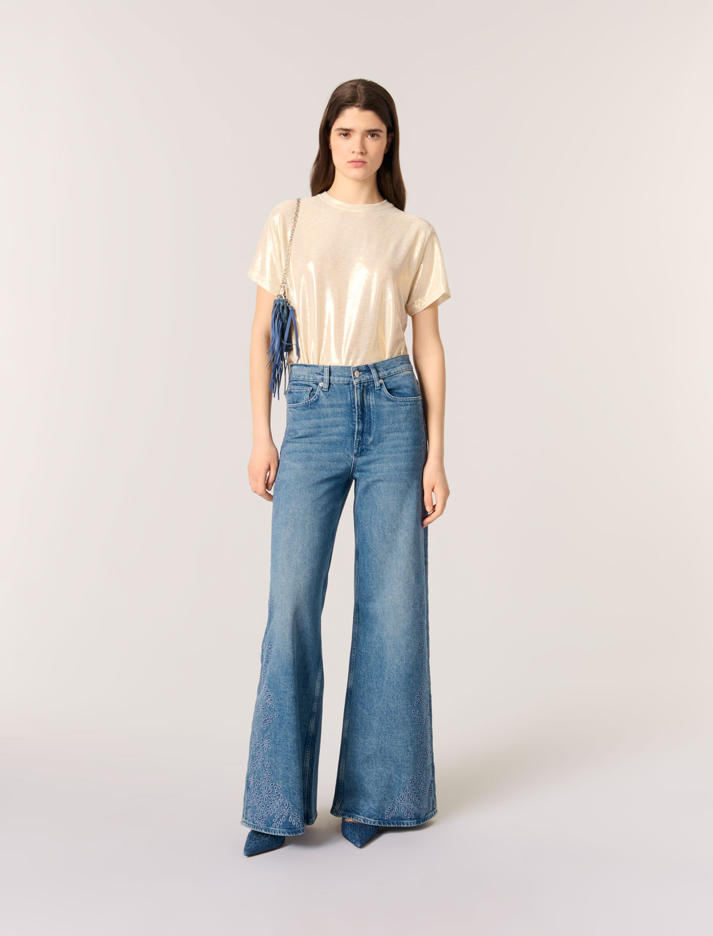 EMIS★NEW [正規品] (WOMENS) APPLIQUE T-SHIRT 4COLOR Lamé T-shirt Denim - Jeans for Women | Maje