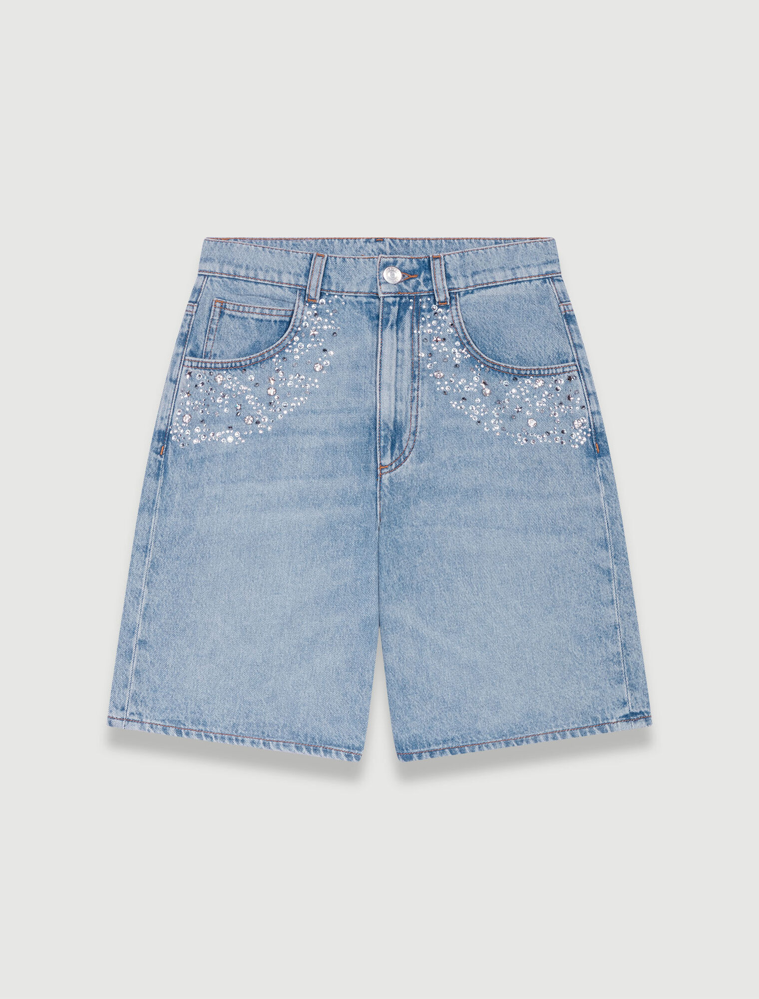 Flared denim shorts with rhinestones