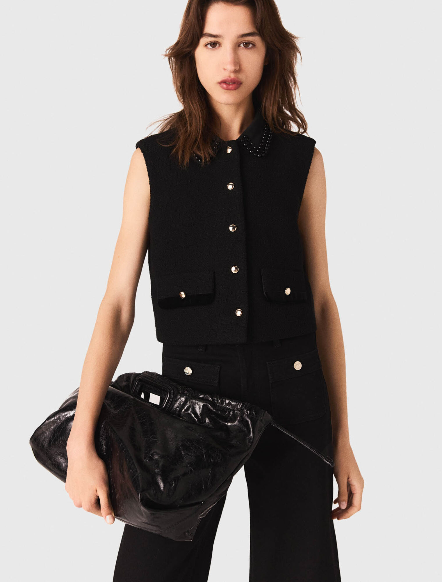 Tweed top with velvet trim