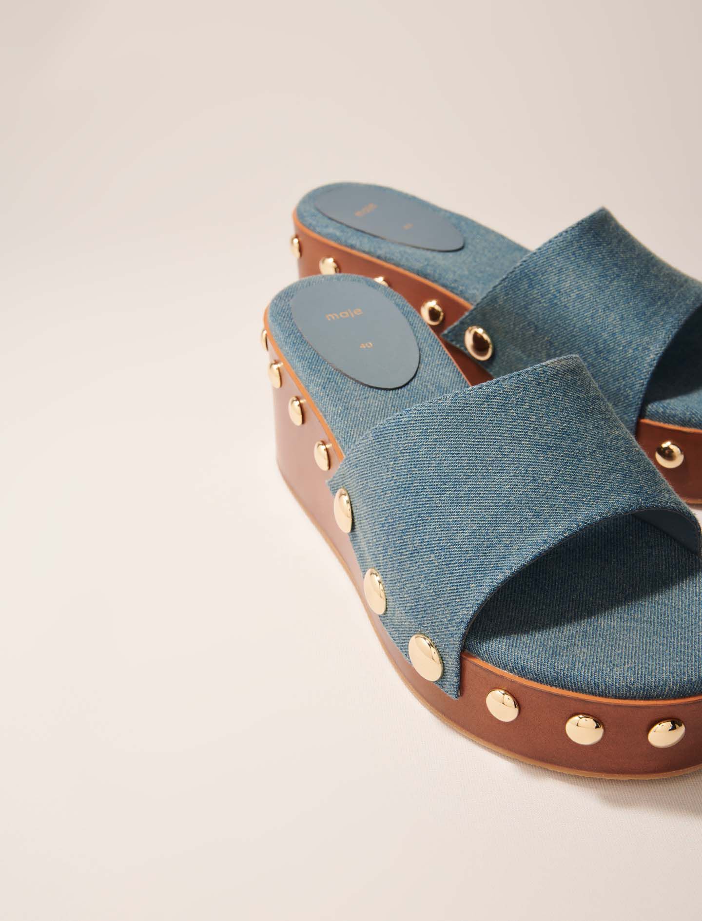 Denim studded wedge mules Blue for Women | Maje