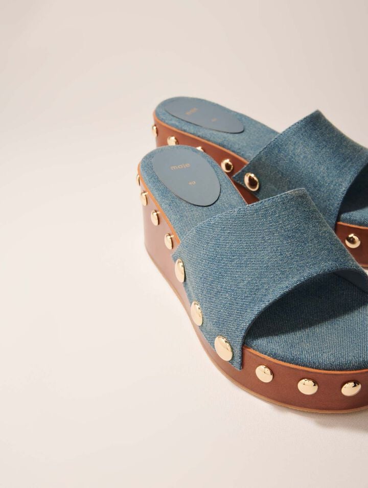 Denim studded wedge mules