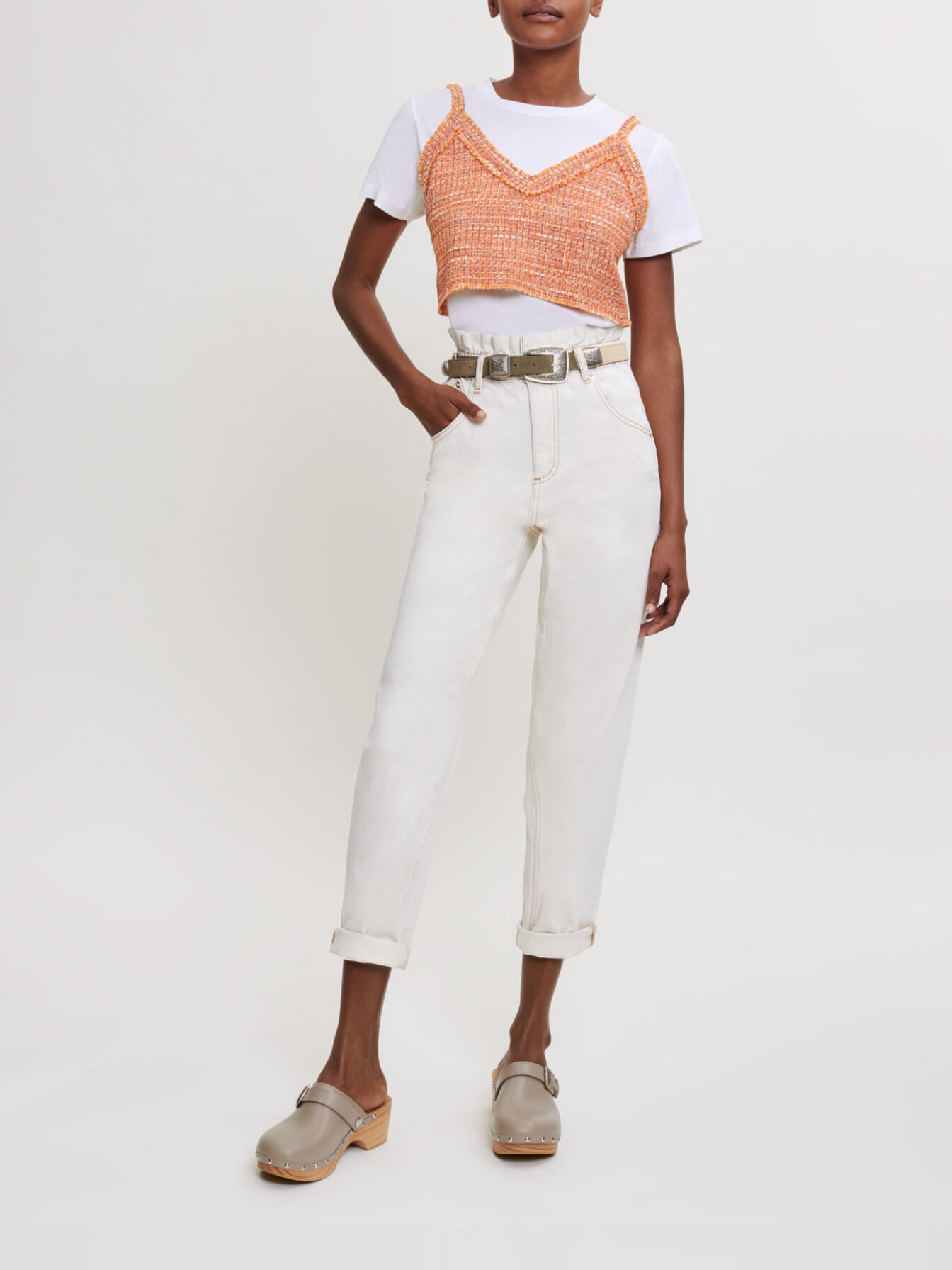 Trompe l'oeil jersey and tweed tee-shirt Yellow / Orange for