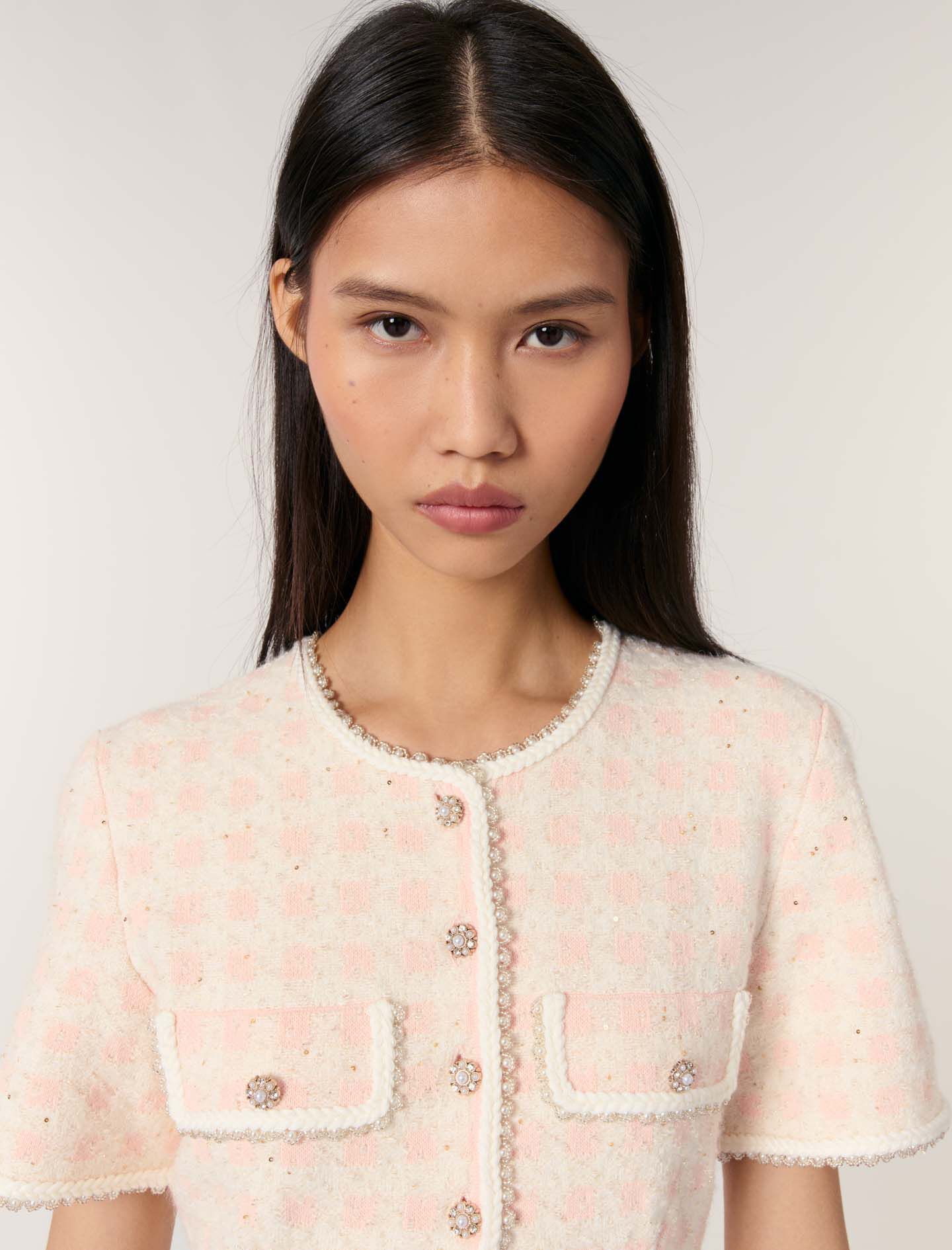 Tweed-effect knit short dress Pink for Women | Maje