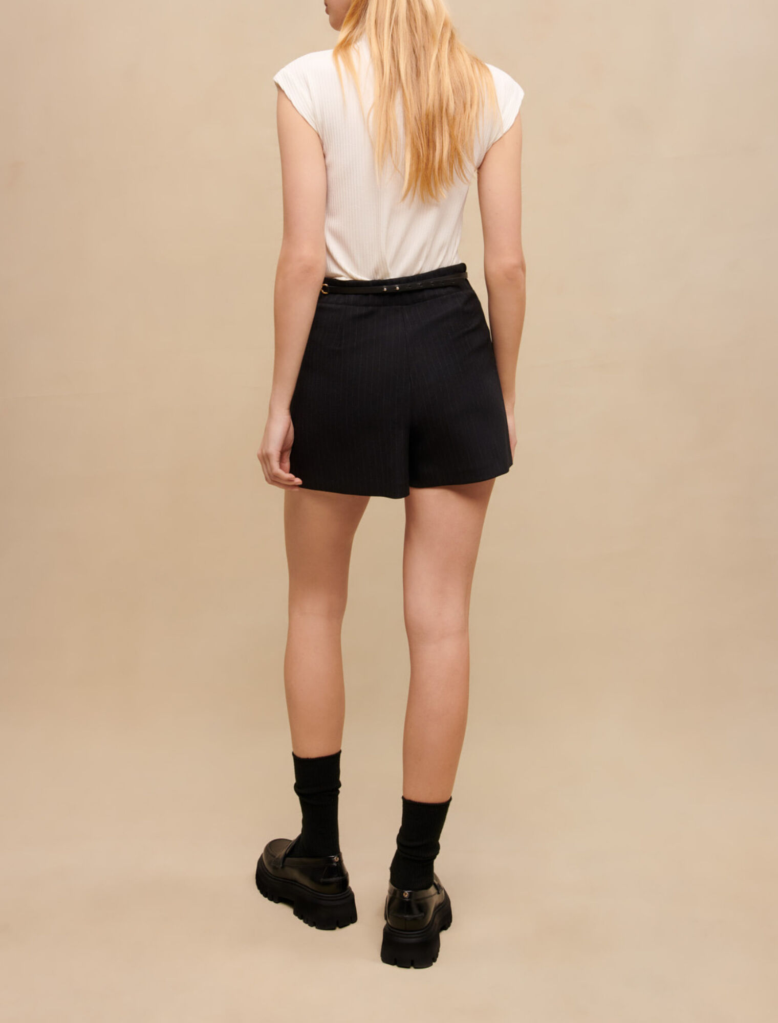 Chalk-striped shorts with metal details