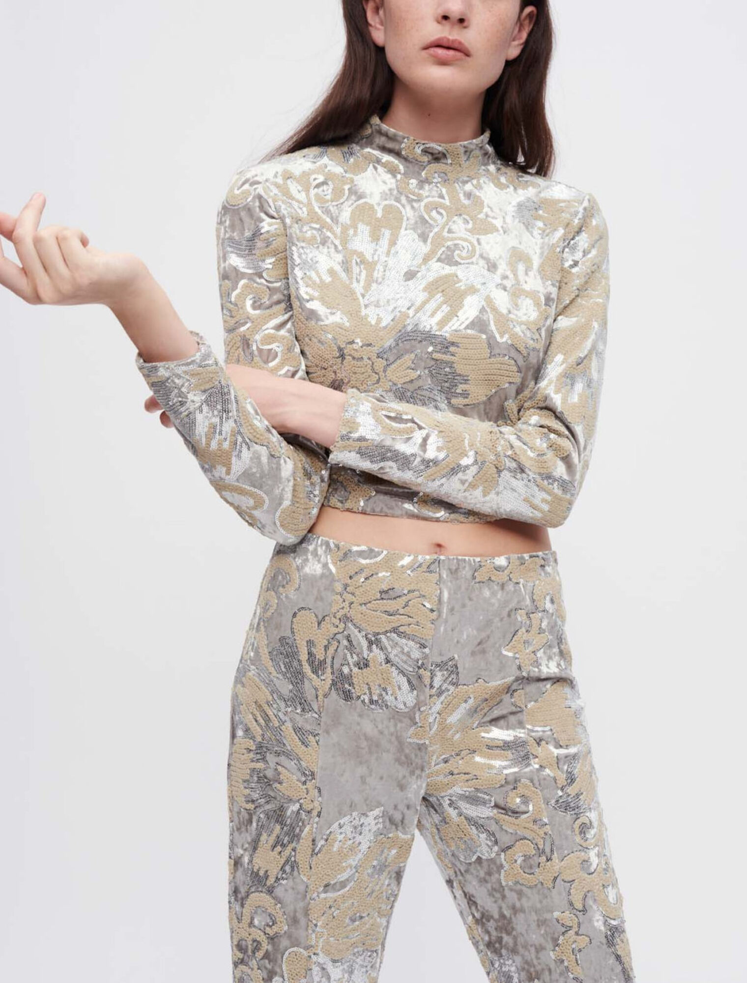Sequin-embroidered velvet crop top