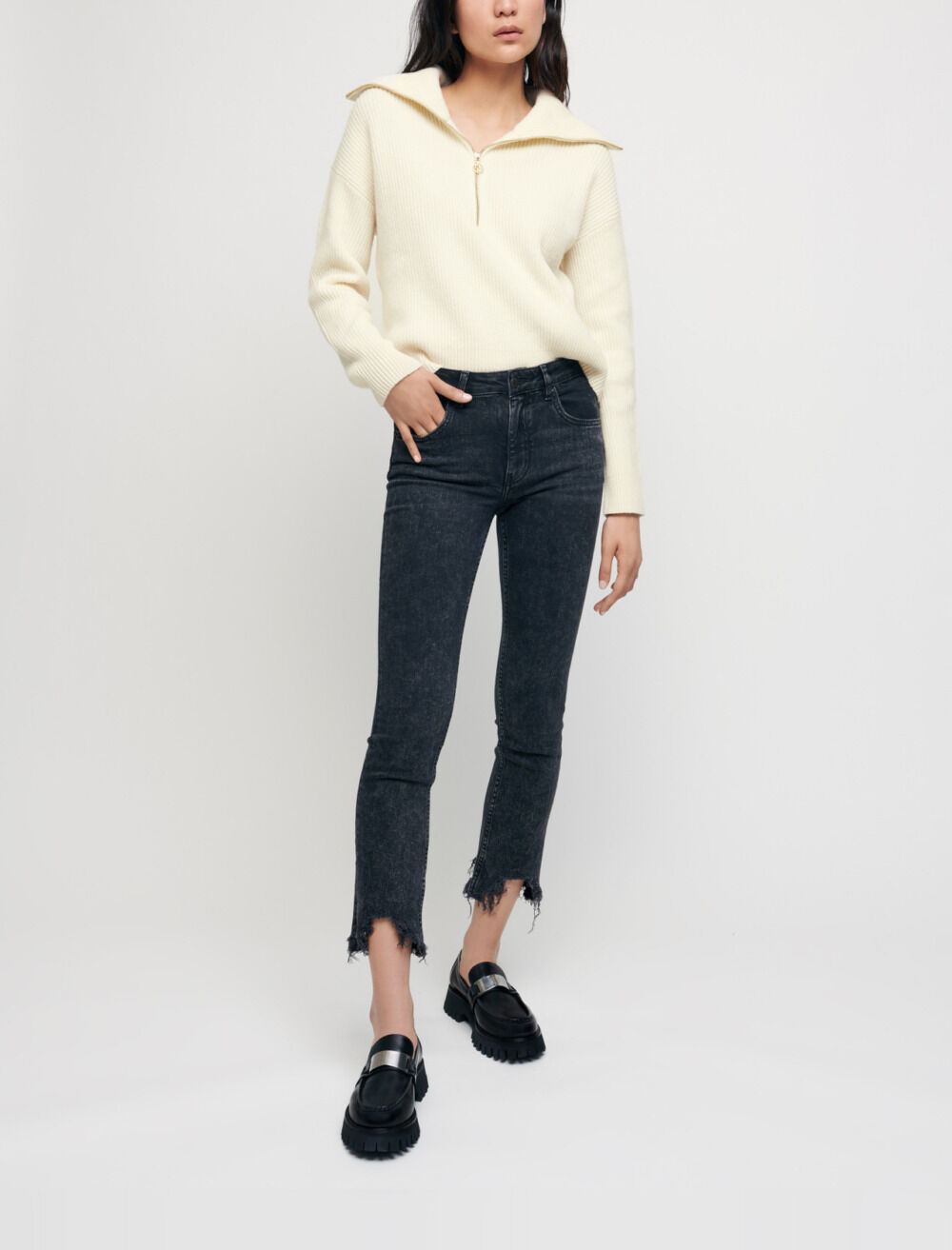 Straight jeans with ripped hems Black Gray for Women Maje