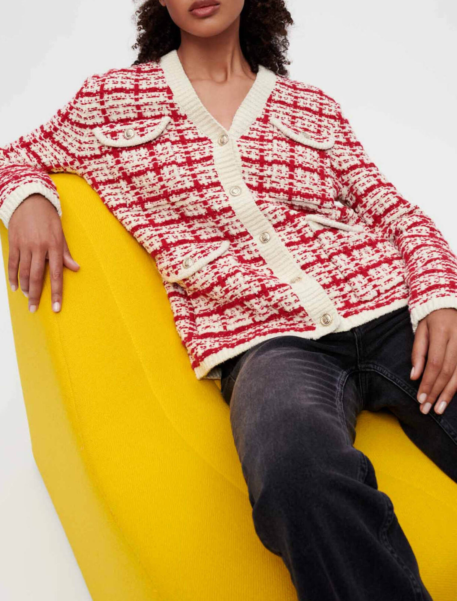 Two-tone tweed-effect knit cardigan