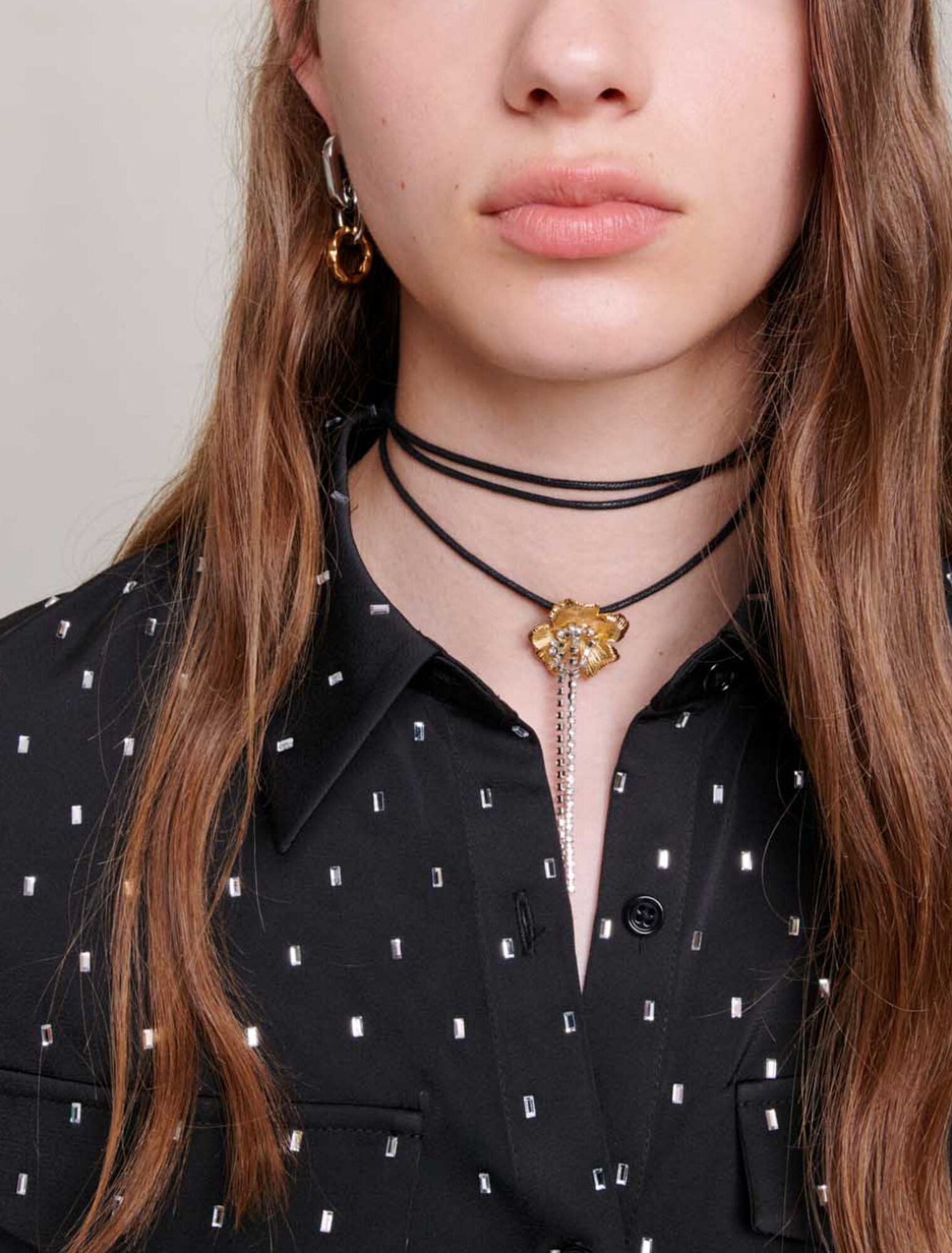 Satin-effect shirt with rhinestones