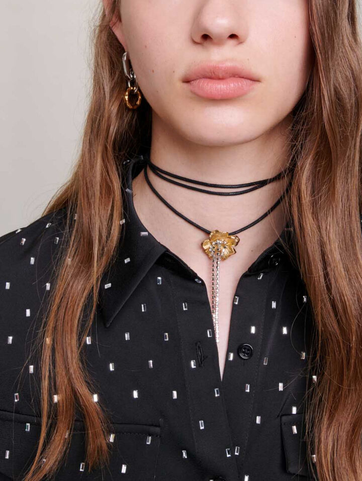 Satin-effect shirt with rhinestones