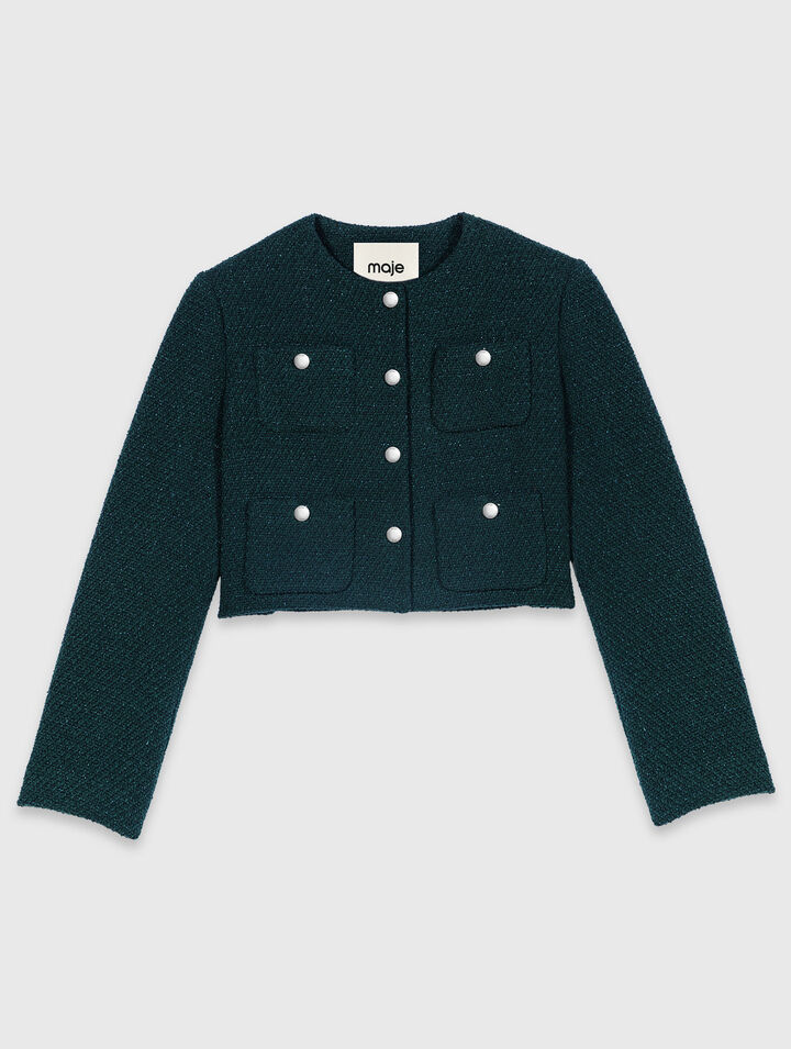 Tweed jacket with fringe trim