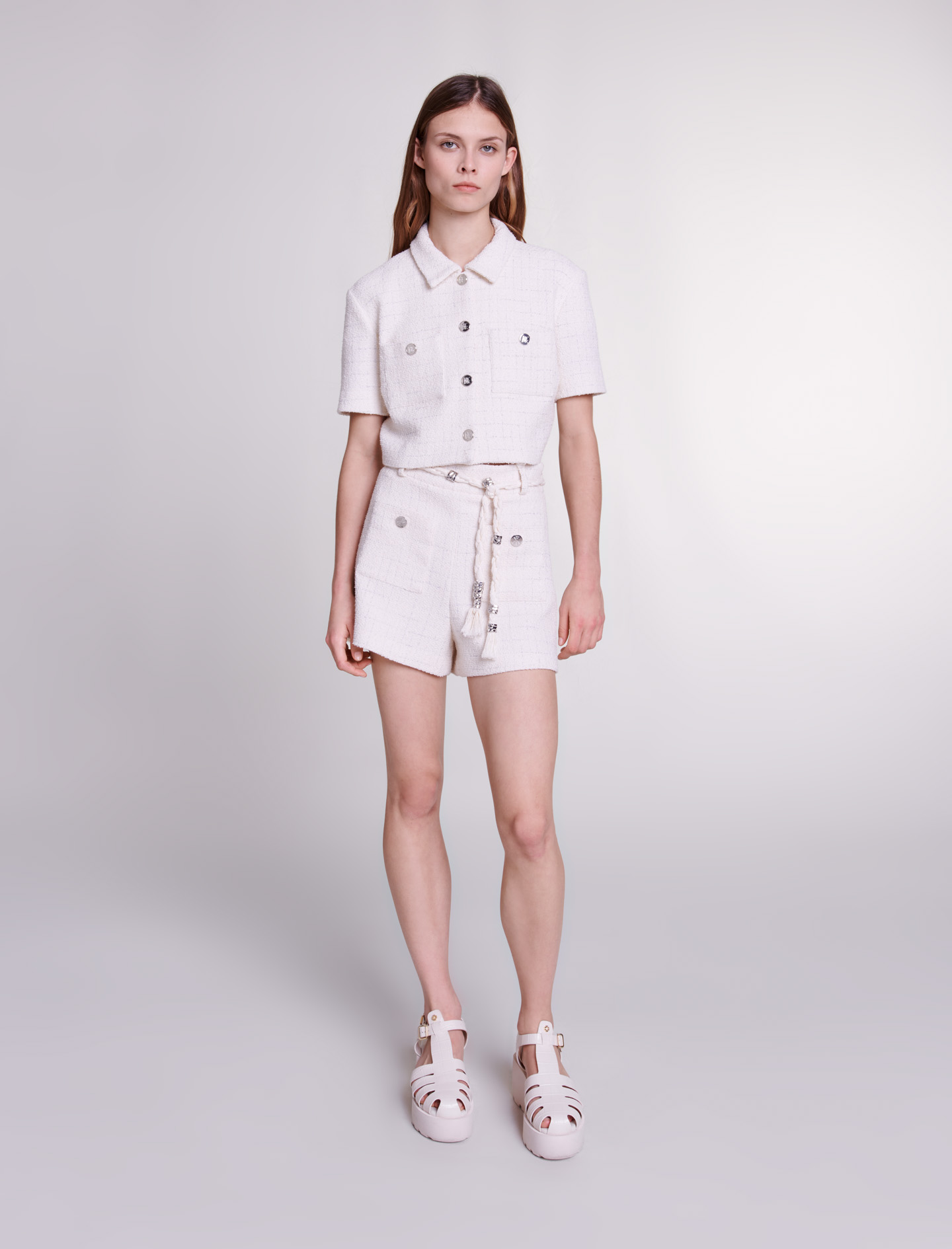 Tweed Pearl Button Top - Ivory - Pomelo Fashion