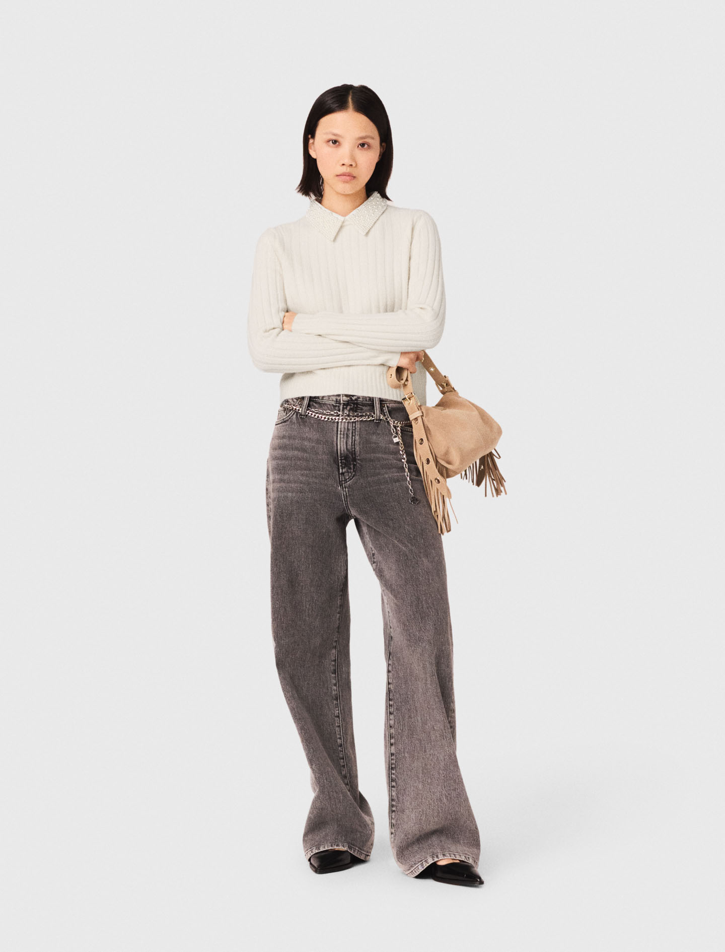 Removable Beaded Collar Jumper Grey