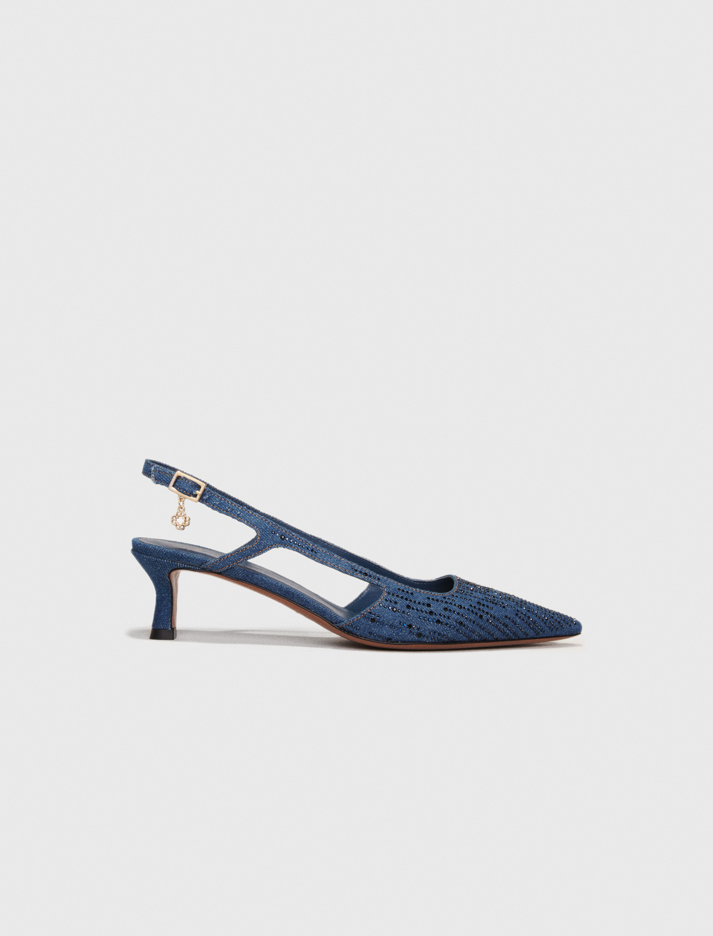 【OPEN YY】 SYMBOL LOGO POINTED HEELS DENIM BLUE Slingback pump in rhinestone denim Blue for Women | Maje