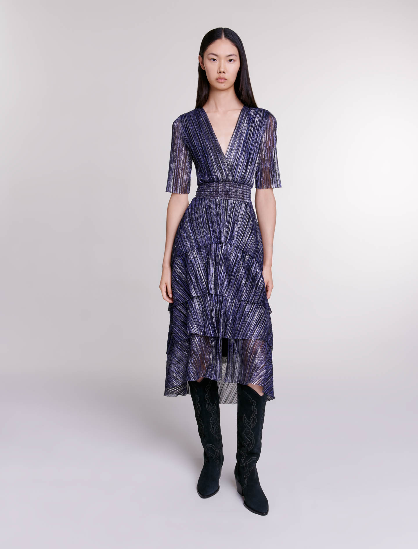 Full lam dress with ruffles Navy for Women | Maje