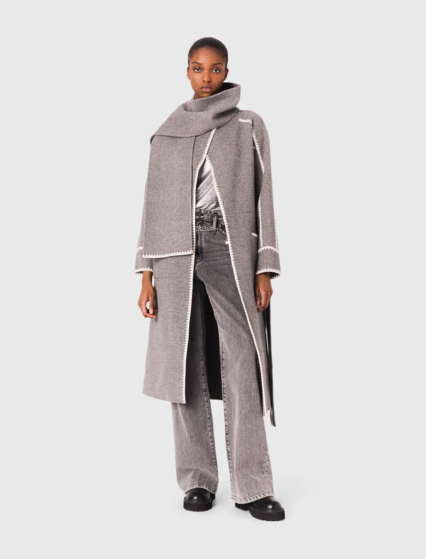 風景柄ショール グレーと黒 大型：135*135cm户外斗篷仿羊绒两面 DOUBLE-FACED WOOL SCARF JACKET - GRAY | COS