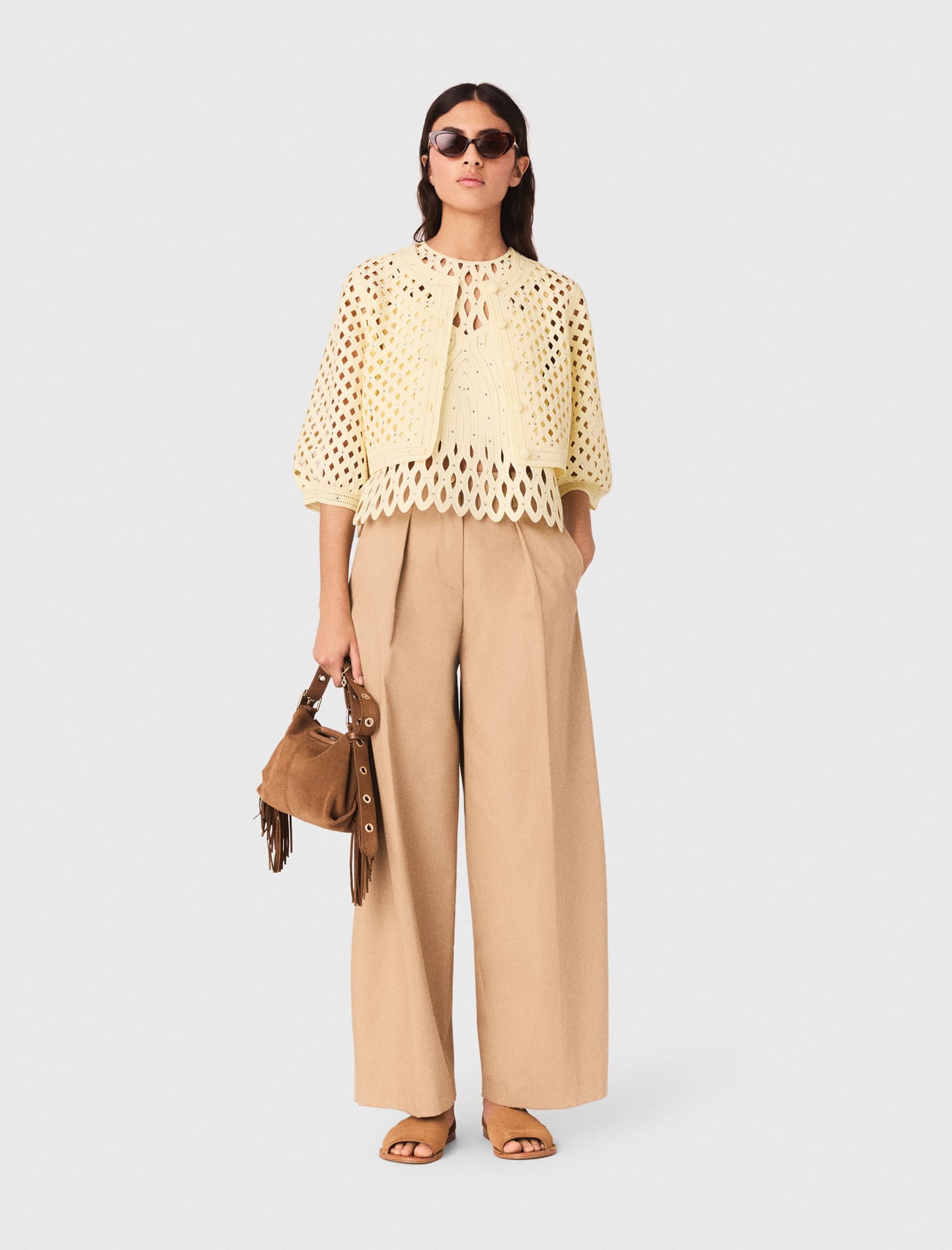 Rhinestone crochet cardigan Pale Yellow for Women | Maje