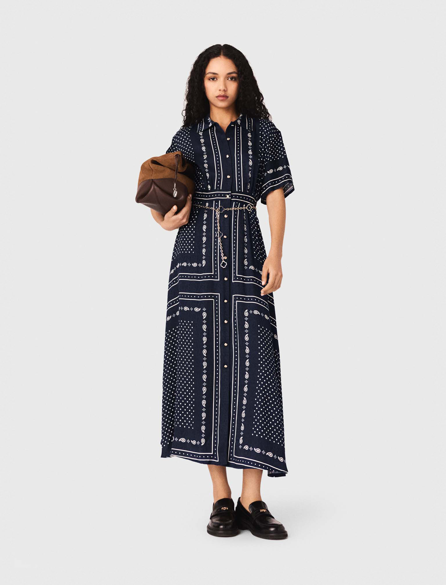 Flowy patterned maxi dress Navy Dot Bandana Print for Women | Maje