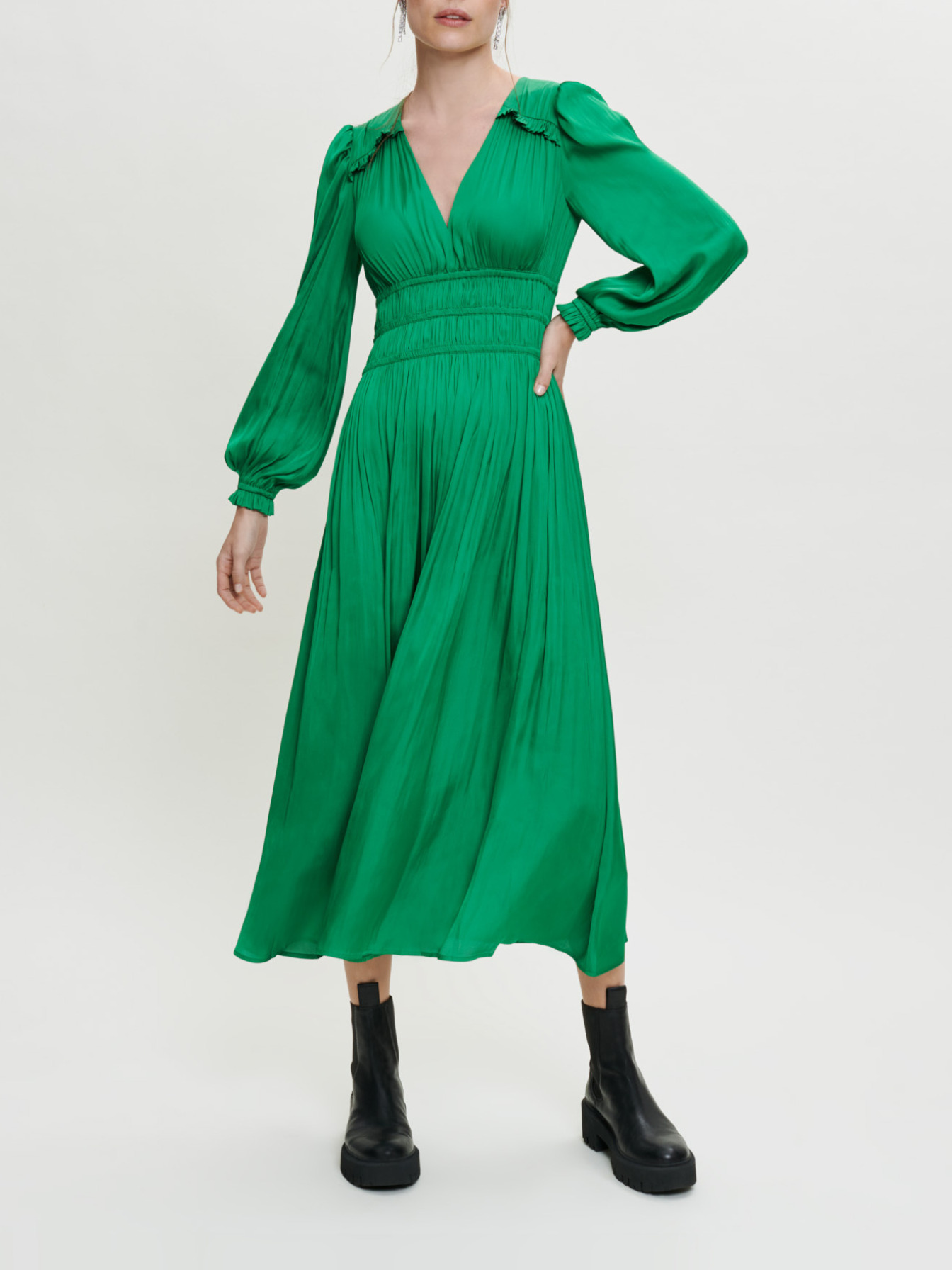 maje green metallic dress Long pleated effect for Women prom dresses 2024