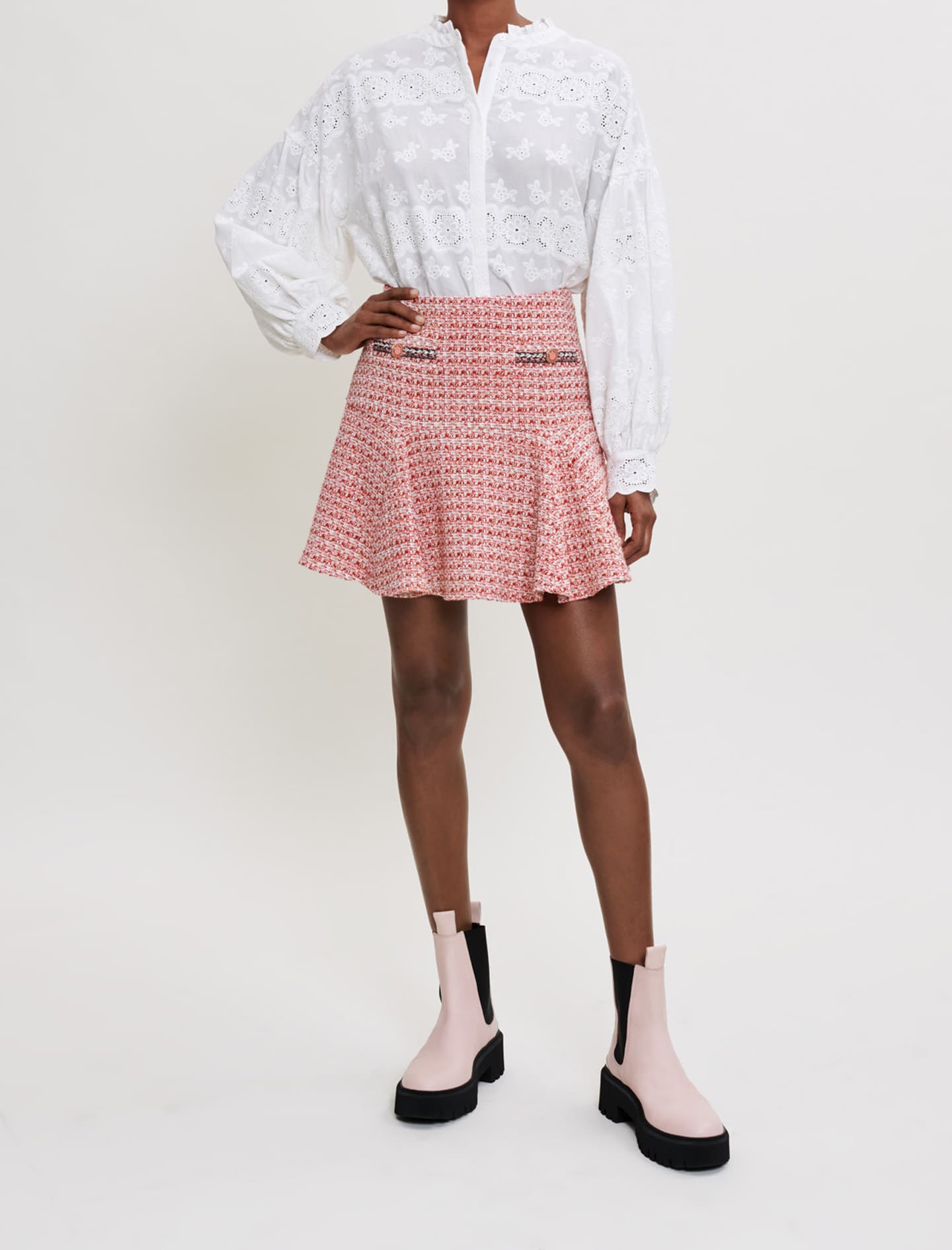 【THE MOZZ】[Premium] Jenner Tweed Skirt Ethnic braid tweed skirt Pink for Women | Maje