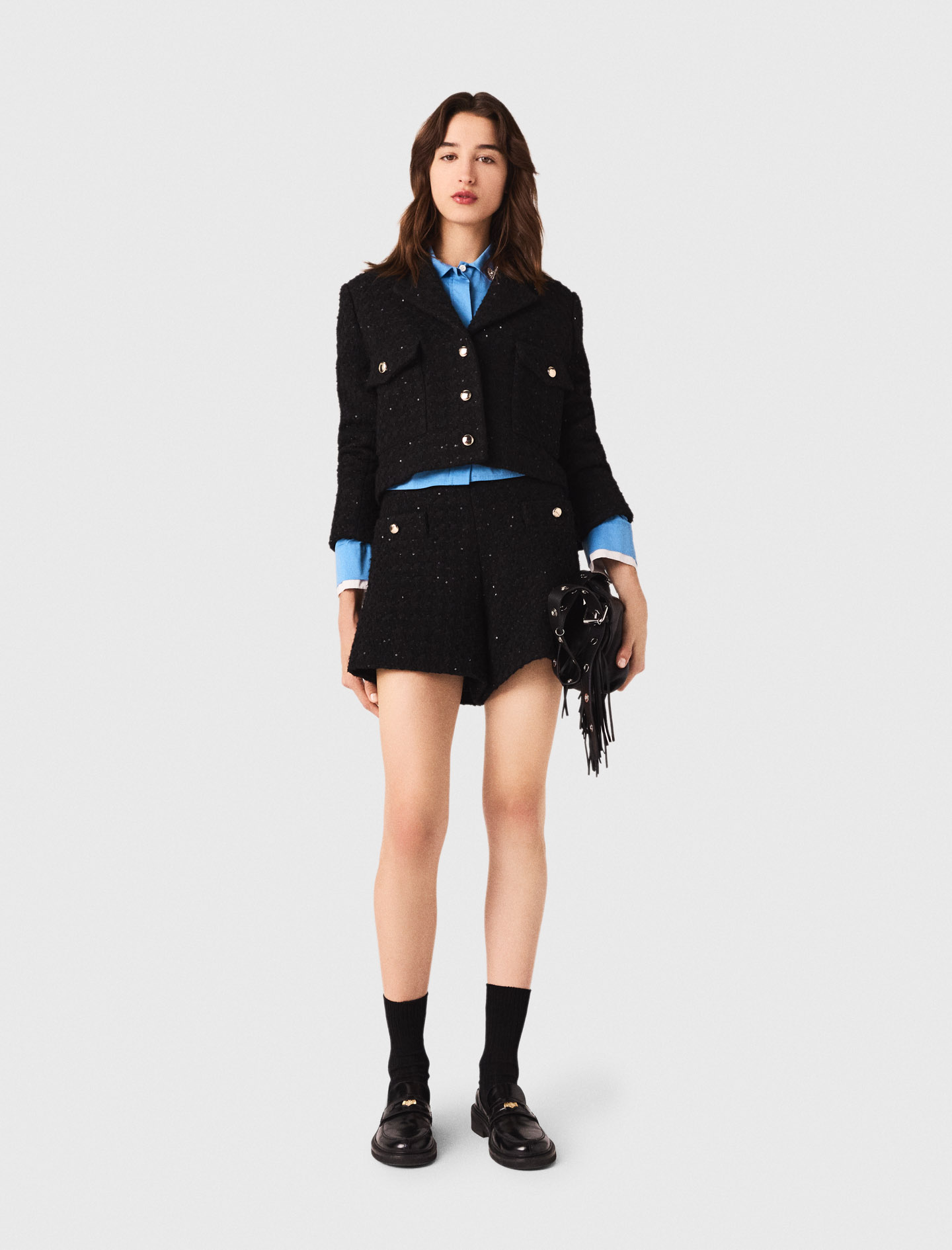 maje 黒 ツイードジャケット ボタン付き Maje Black tweed jacket with sequins FR 2/ US M | eBay
