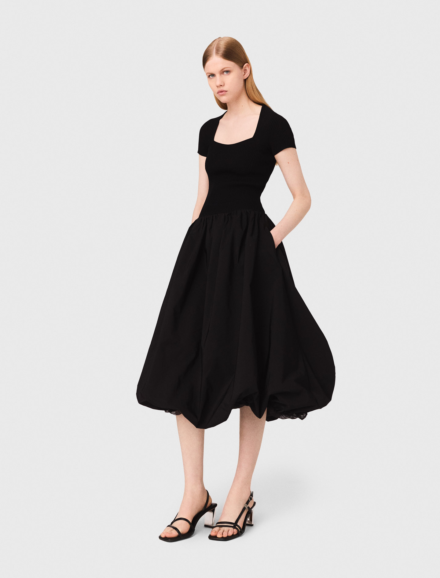 Herlipto Troncais Puff Sleeve Dress 黒 M Taffeta Midi Dress with Puffed Sleeves black - CH Carolina