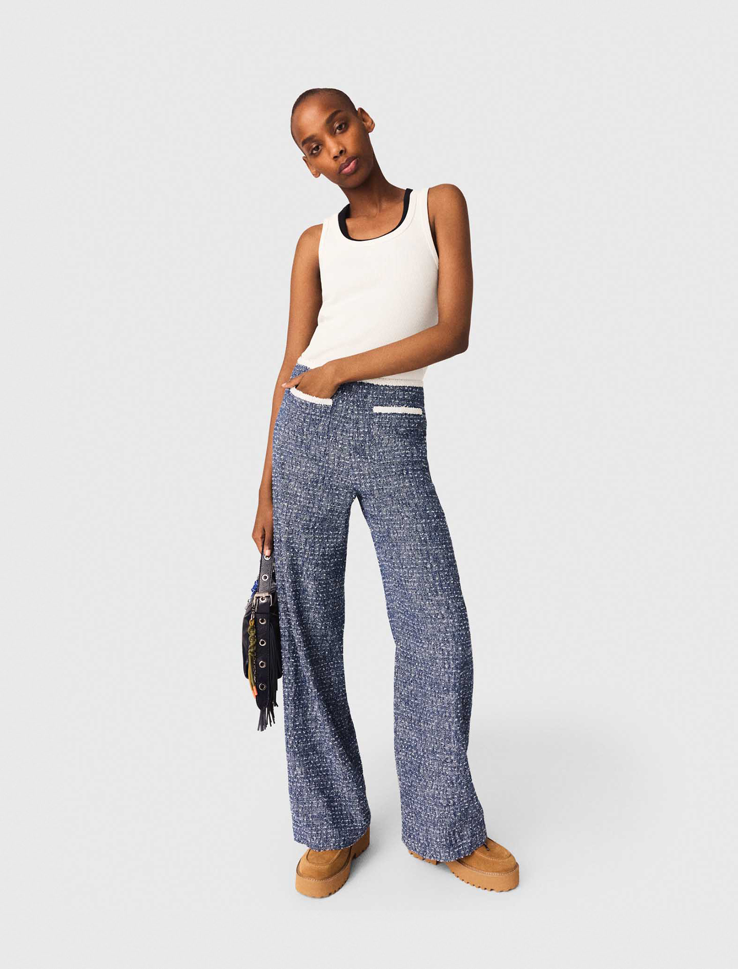 パンツ andwang Tweed classic mini pants Tweed trousers Navy for Women | Maje