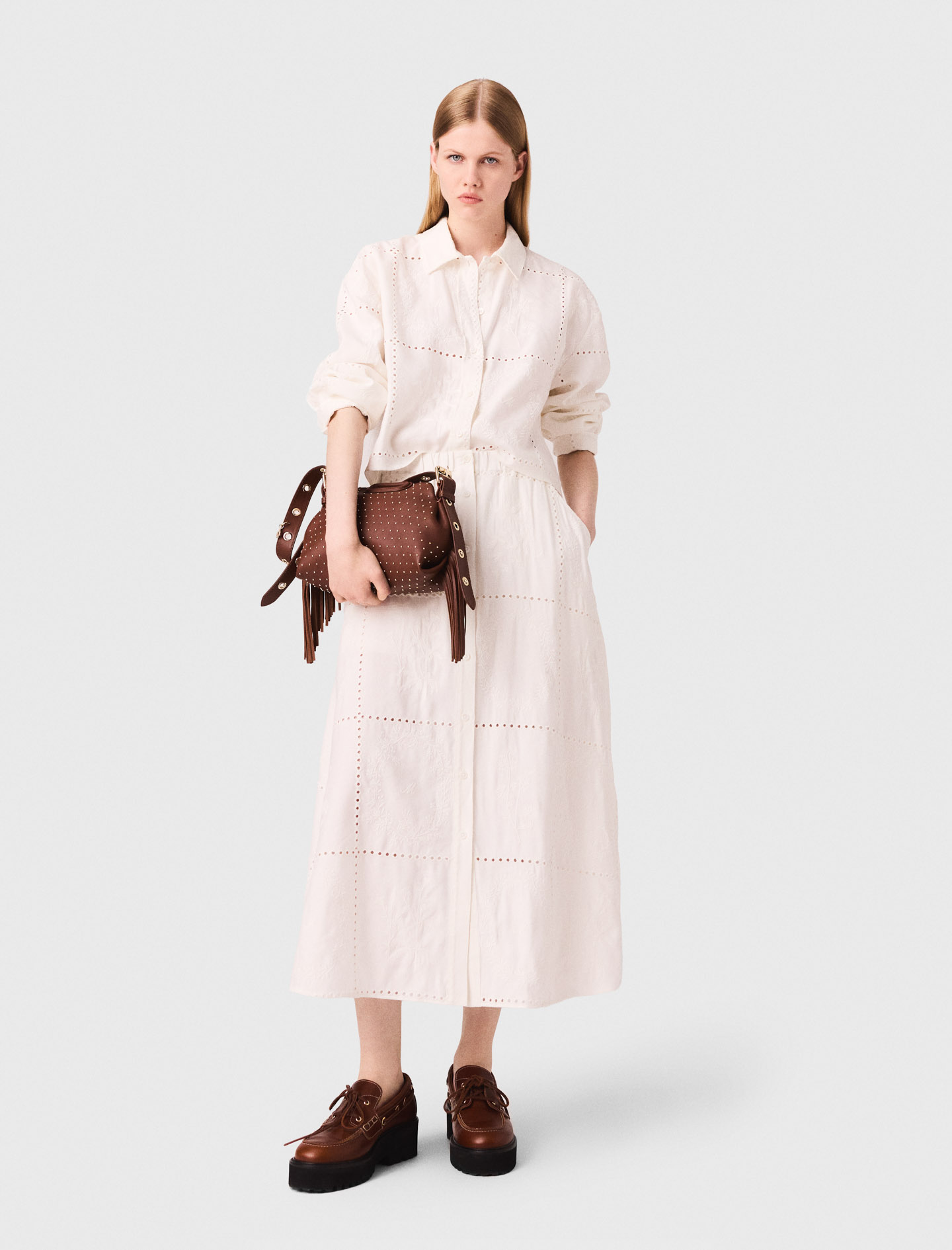 【BAON】Kyotoru Banding Dot Midi Skirt Embroidered midi skirt White for Women | Maje