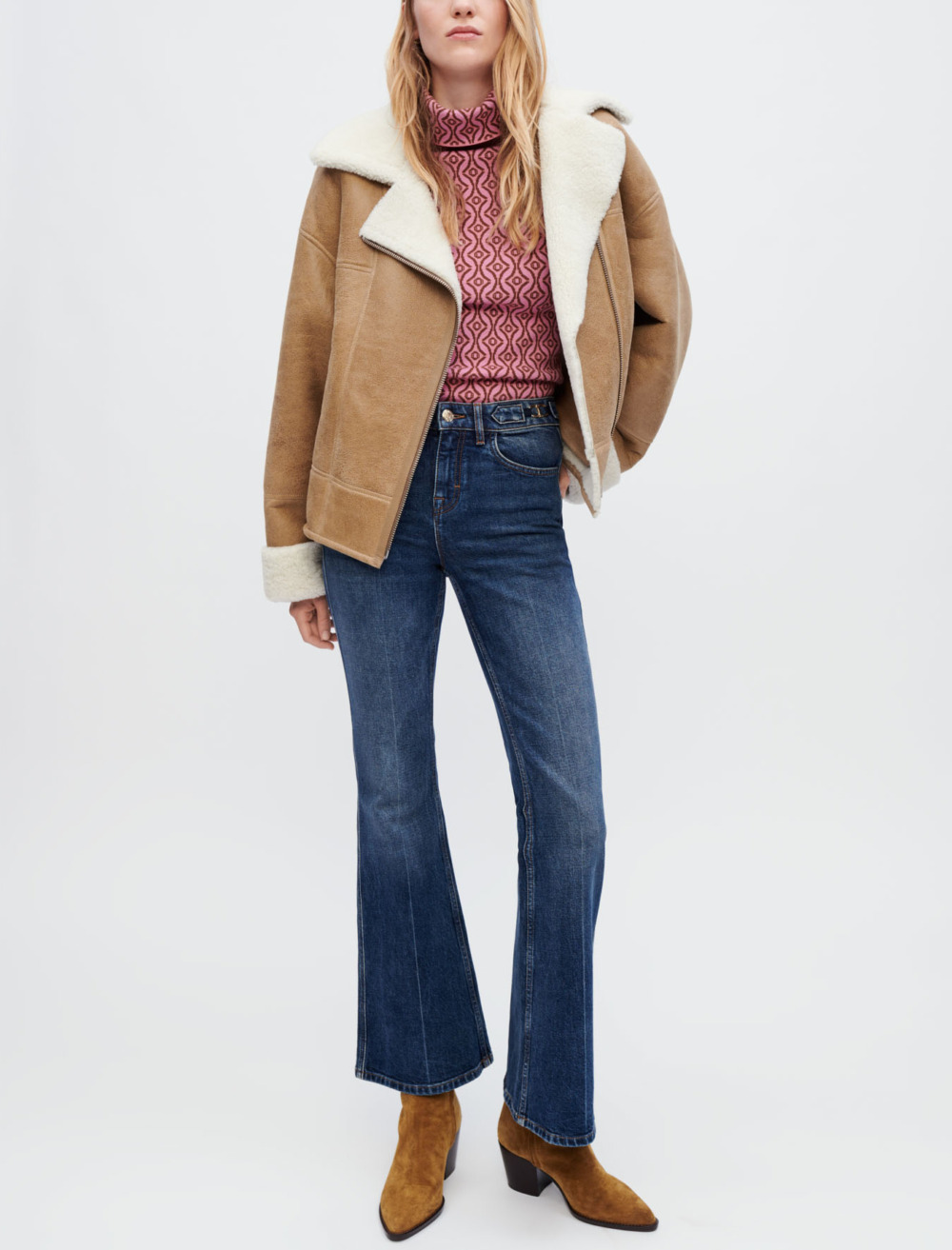 Two-tone shearling coat Camel for Women | Maje