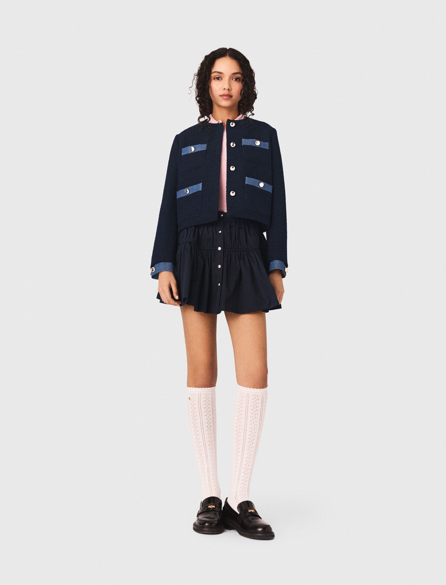 Tweed jacket with denim trim Navy for Women | Maje