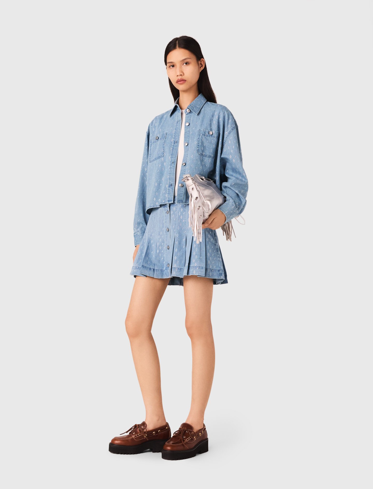 Short rhinestone denim shirt Blue for Women | Maje
