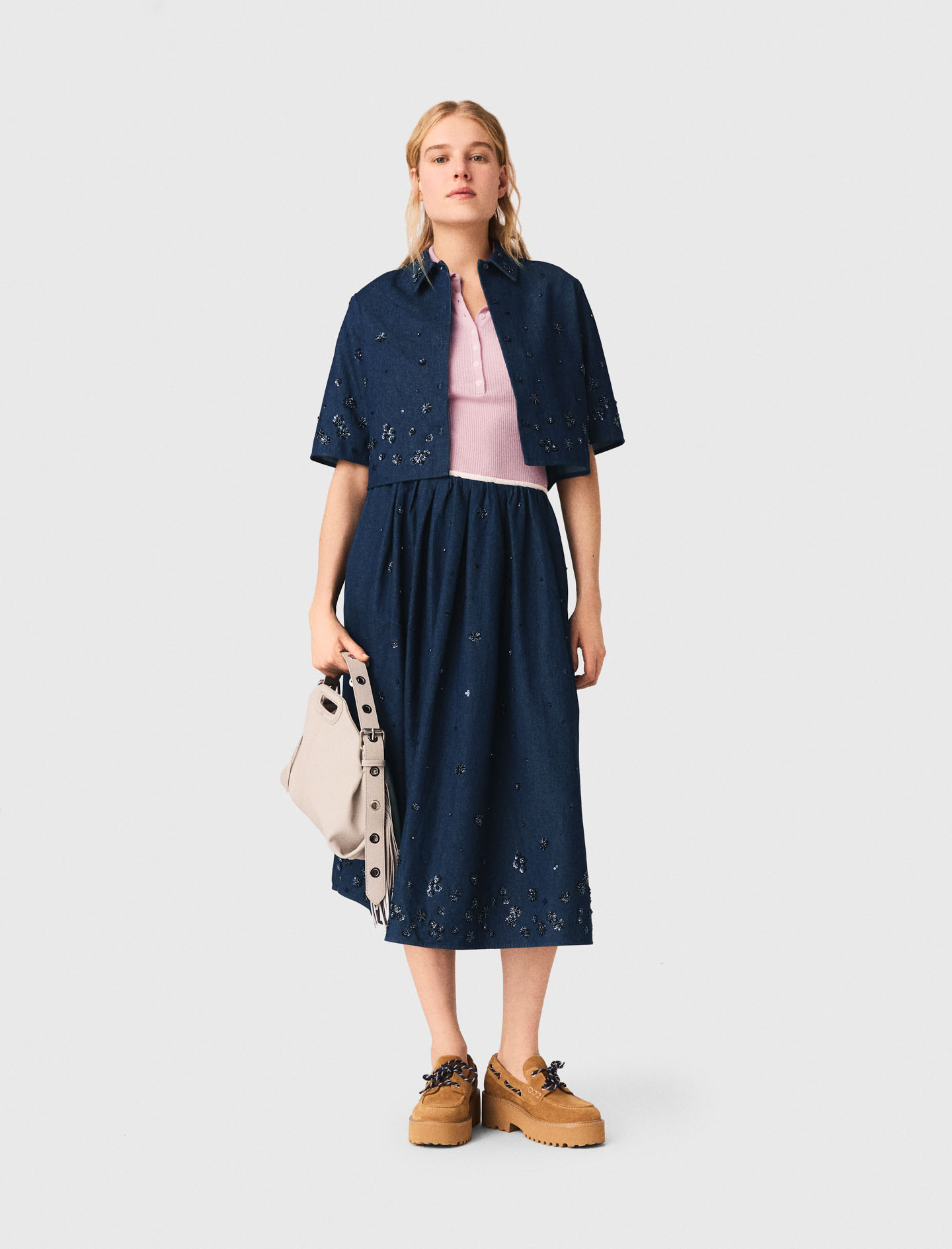 Embroidered cropped denim shirt Navy for Women | Maje