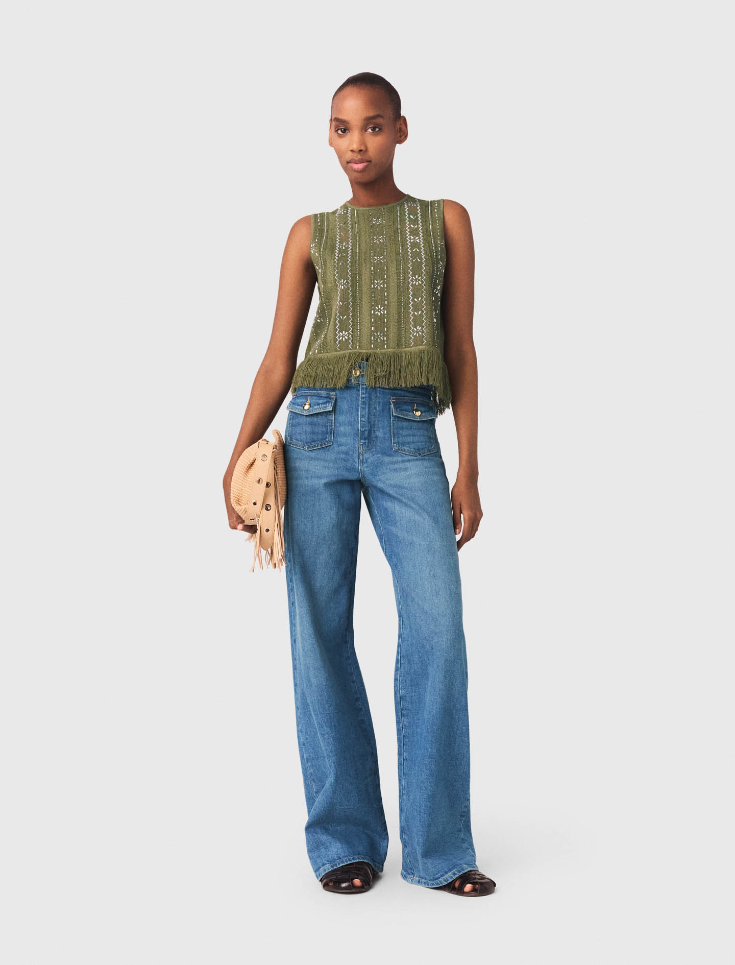 Fringed rhinestone flower top Khaki for Women | Maje