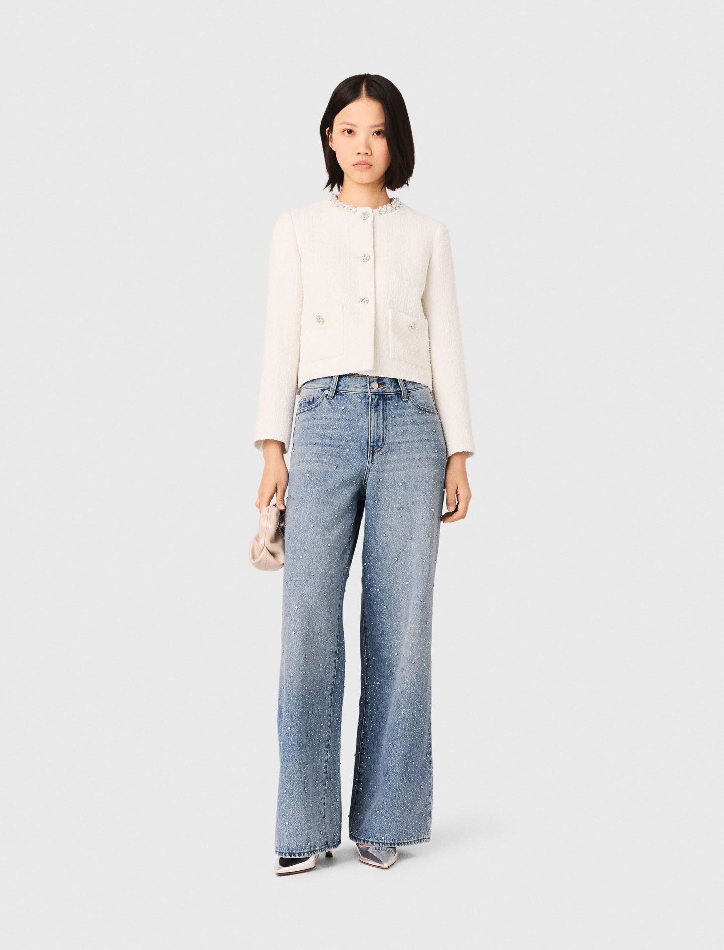 Pearl-trimmed tweed jacket Ecru for Women | Maje
