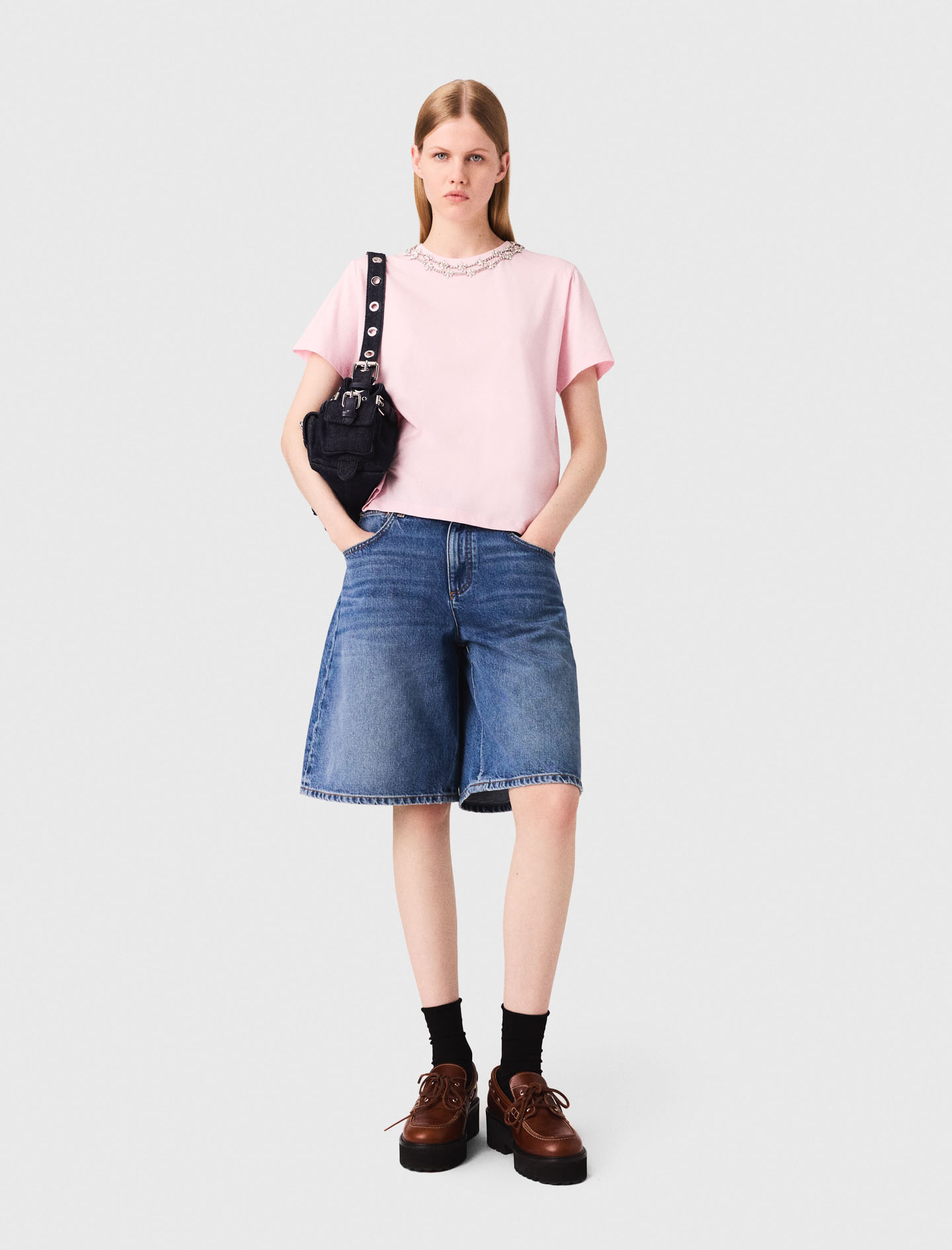 Short-sleeve jewel neck T-shirt Pink for Women | Maje