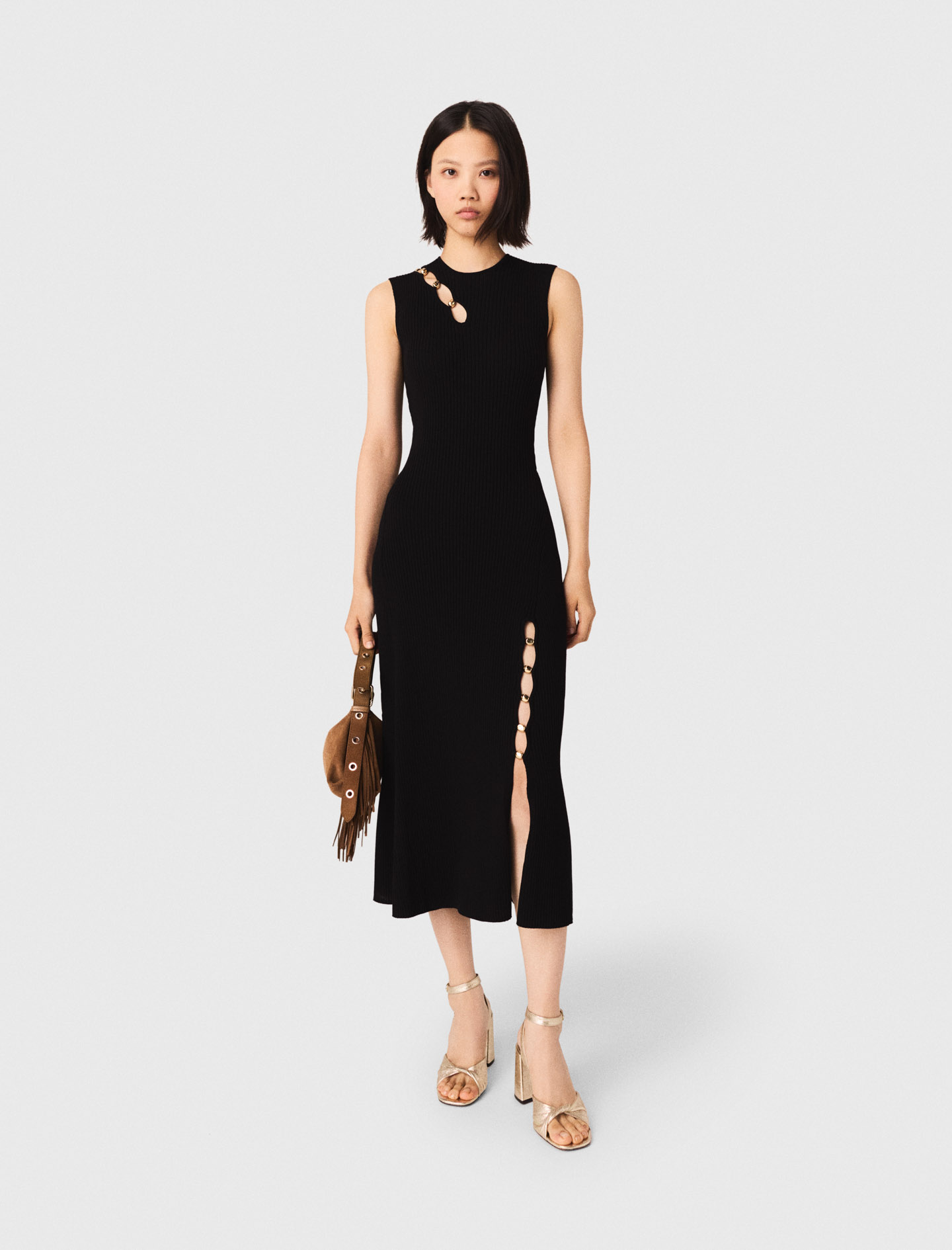 maje black dress gold buttons Cutaway rib knit maxi for Women Color: Reds/Wines