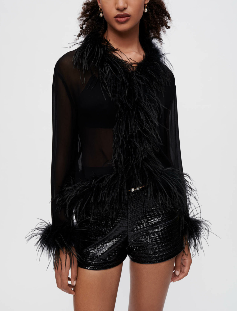 Transparent voile shirt with feathers Black for Women | Maje