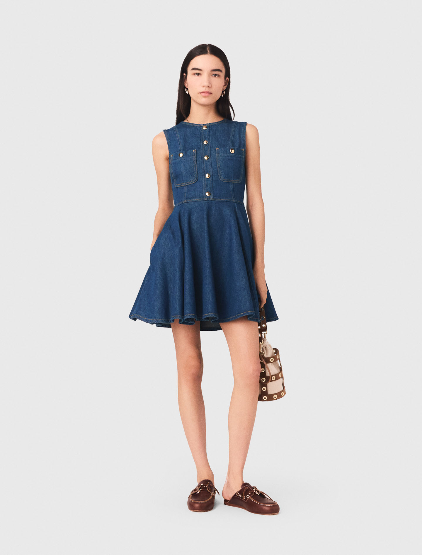 maje cutout denim mini dress MAJE Resa Sleeveless Fitted Denim Mini Dress