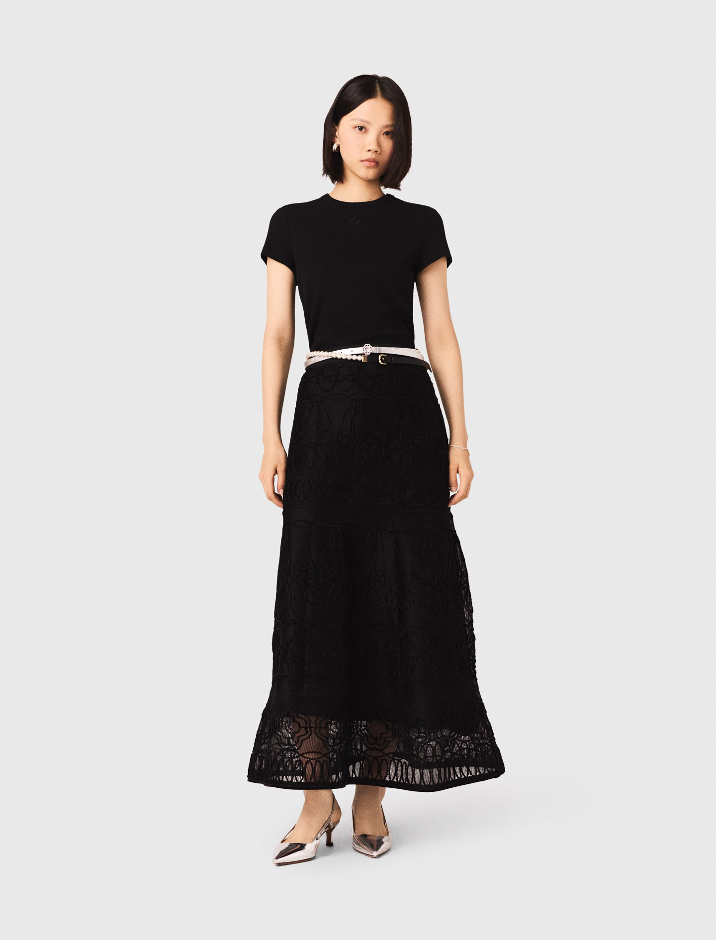 Embroidered basket-weave knit skirt Black for Women | Maje