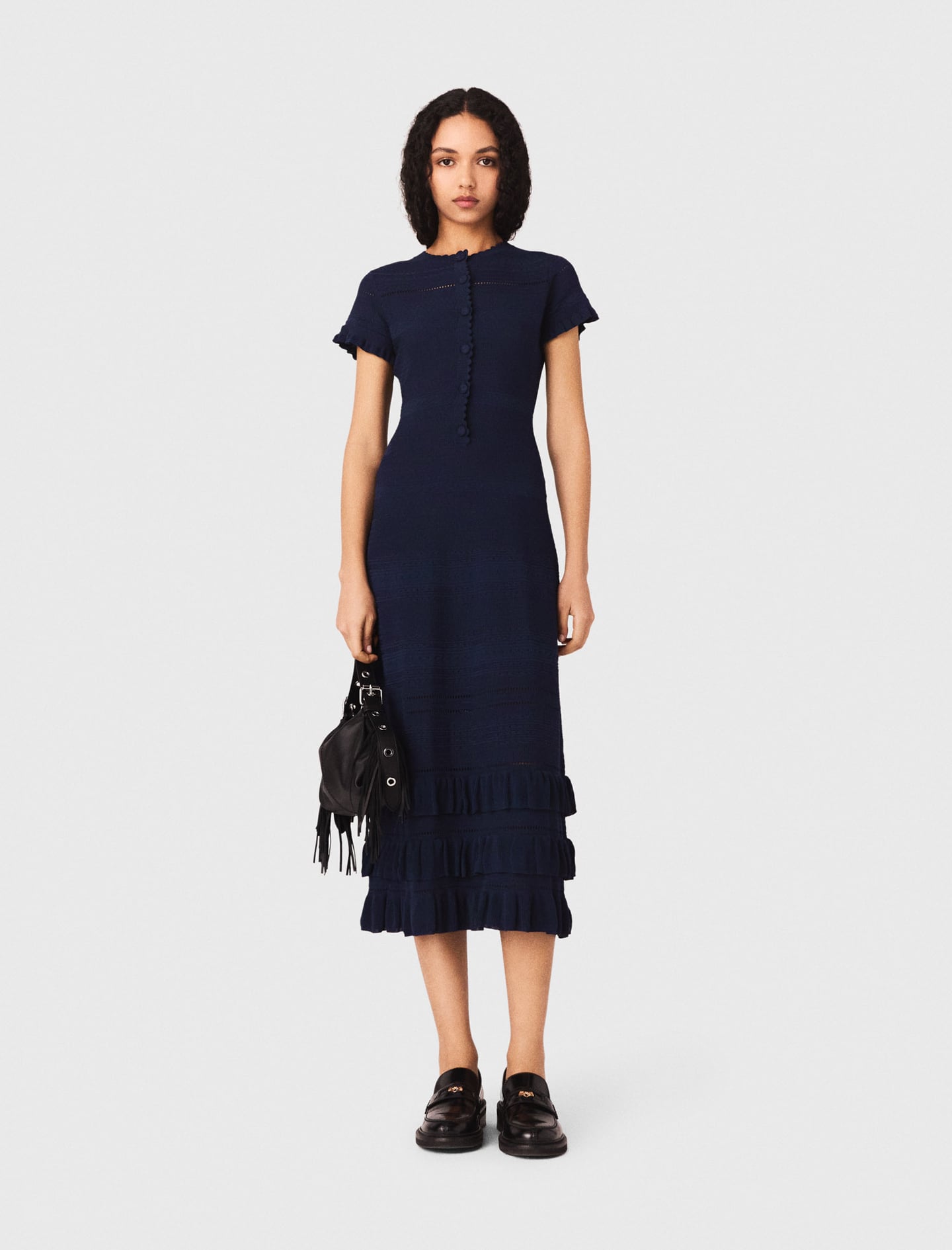 Knit maxi dress with ruffles Navy for Women | Maje